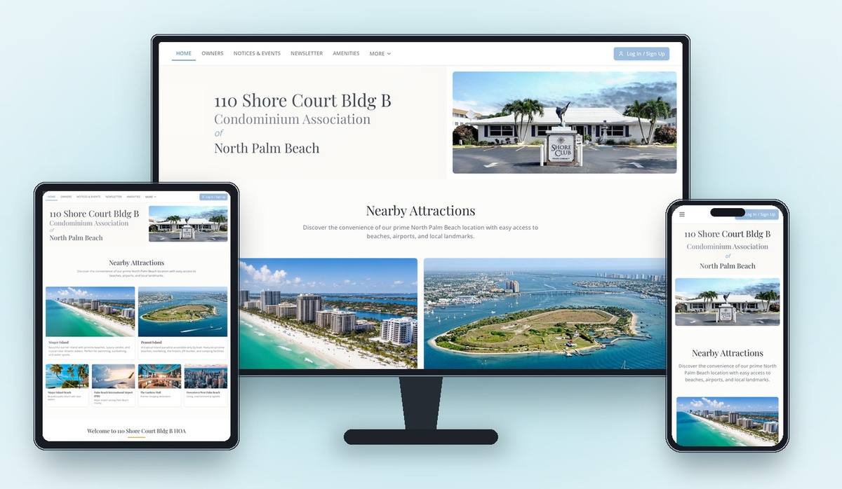A website FL Website Pros built for the 110 Shore Court Bldg B Condominium Association of North Palm Beach, shown side by side on a desktop monitor, a tablet and an iPhone. Each screen shows the same homepage — the association name, a photo of the Shore Club entrance, and a Nearby Attractions section — laid out to fit that screen size.